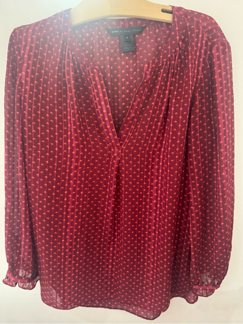 Marc by Marc Jacobs Silk Blouse in Burgundy with Pink Dot Motif